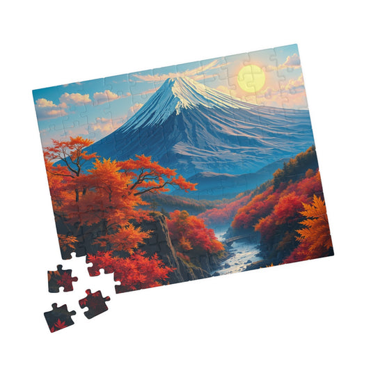 Surreal Autumn Mount Fuji Puzzle: Snow-Capped Peak and Vibrant Foliage Landscape Puzzle, Famous Landmark Jigsaw Game, Nature Lover Gift 110 pcs (Horizontal) Puzzle The Puzzle Chest