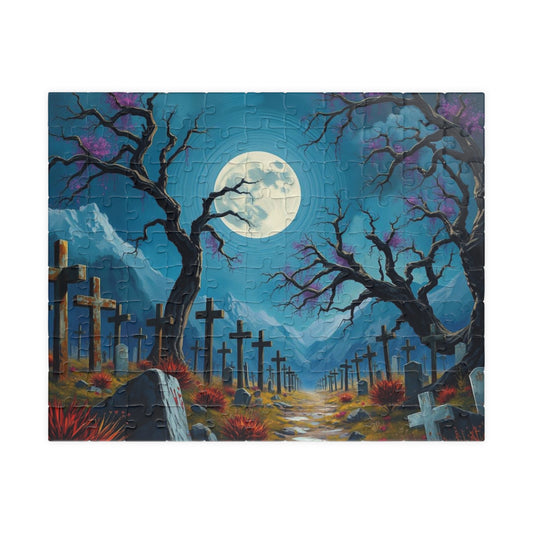 Moonlit Crosses Jigsaw Puzzle - Abandoned Cemetery, Gothic Art Print, Gothic Landscape, Spooky Graveyard Puzzle Lover Dark Fantasy Gift Idea 110 pcs (Horizontal) Puzzle The Puzzle Chest
