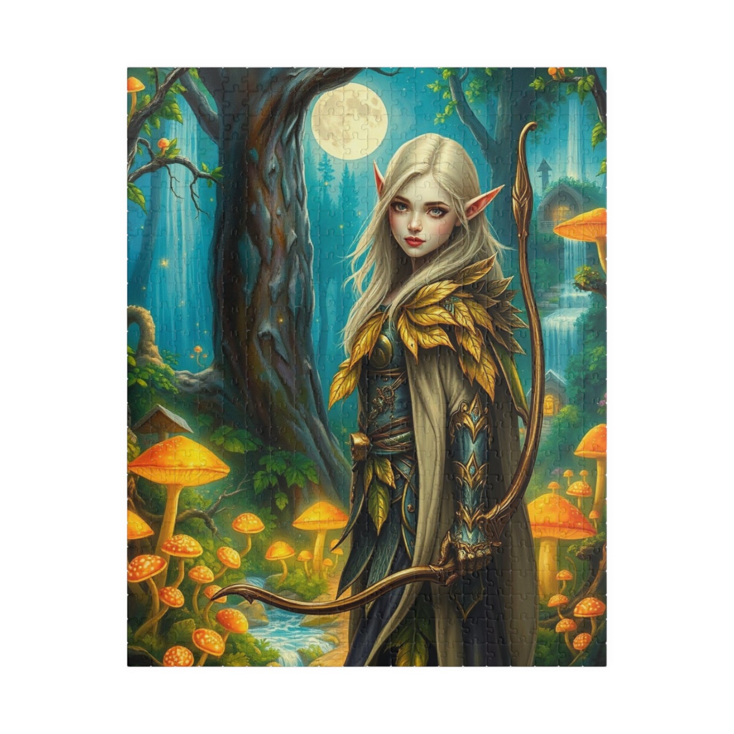 Elf Warrior Enchanted Forest Puzzle, Mystical Scene Glowing Mushrooms Moonlit Waterfalls, Fantasy Art Lover, Best Gift for Puzzle Enthusiast 520 pcs (Vertical) Puzzle The Puzzle Chest