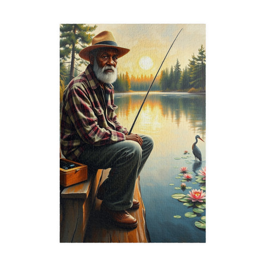 Fishing Scene Jigsaw Puzzle - African American Man, Nature Lover Afrocentric Black Art Gift, Creative Hobby, Family Fun, Father's Day 1014 pcs (Vertical) Puzzle The Puzzle Chest
