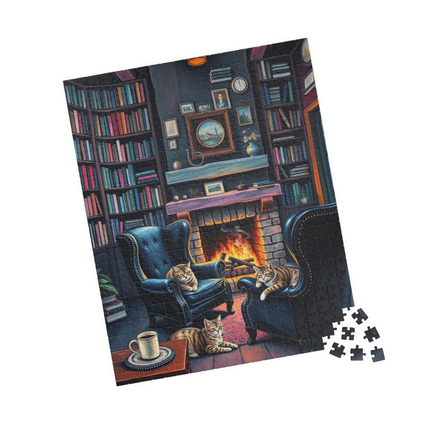 Cozy Cat-Themed Reading Room Puzzle - Home Library Jigsaw Game Perfect for Cat Lovers, Family Fun, Bookish Gift Idea, Quiet Leisure Activity
