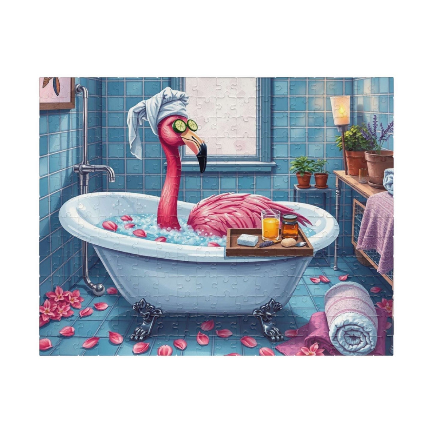Flamingo Spa Retreat - Cozy Bathroom Puzzle for Adults, Fun Bath Time Art Jigsaw, Unique Gift for Friends, Family Game Night, Brain Teaser