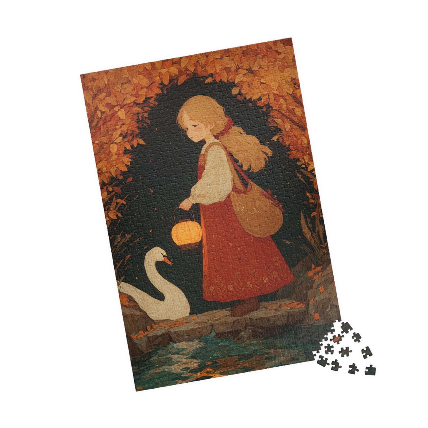 Storybook Autumn Pond Fairy-Tale Jigsaw Puzzle - Girl and Swan, Fall Themed Game for Home Activity, Holiday Gift, Quiet Hobby, Brain Teaser 1014 pcs (Vertical) Puzzle The Puzzle Chest