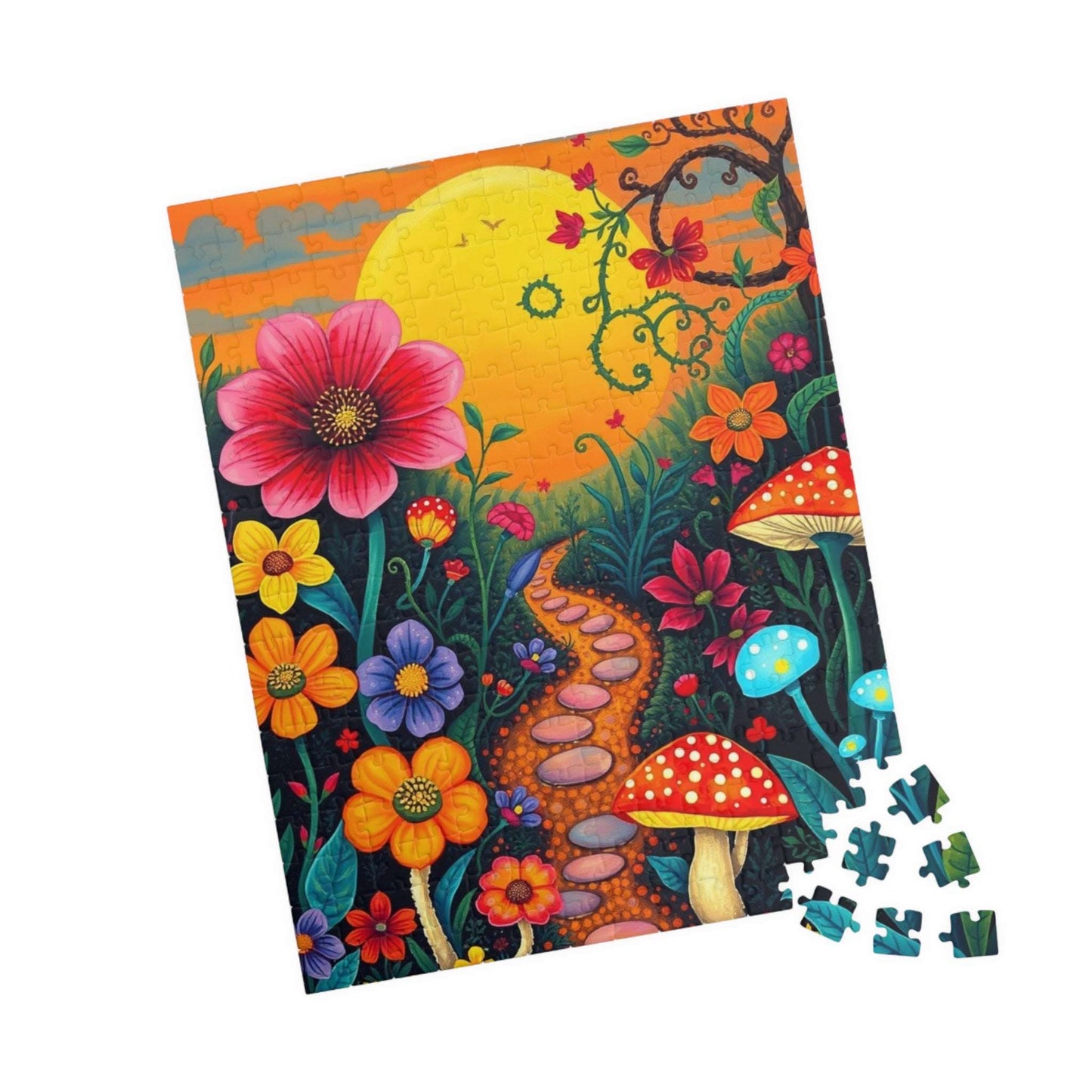 Jigsaw Puzzle, Whimsical Botanical Garden 110, 252, 520, 1014-piece - Flowers, Vines, Mushrooms, Sunset Background, Fantasy Puzzle Puzzle The Puzzle Chest