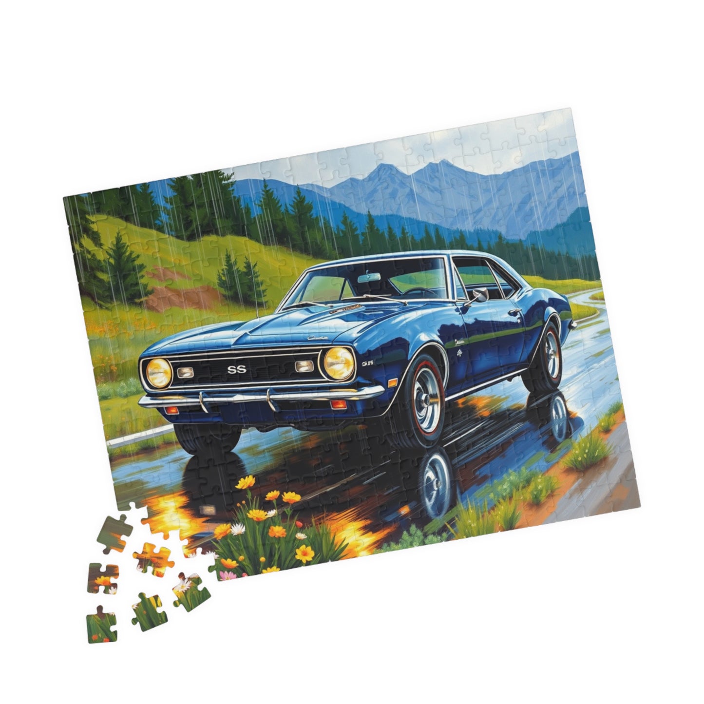 Vintage Muscle Car Jigsaw Puzzle, 1967 Chevrolet Camaro Classic Vehicle, Chevy on Rainy Road Trip Scenic Art, Car Lover Gift for Him Puzzle The Puzzle Chest