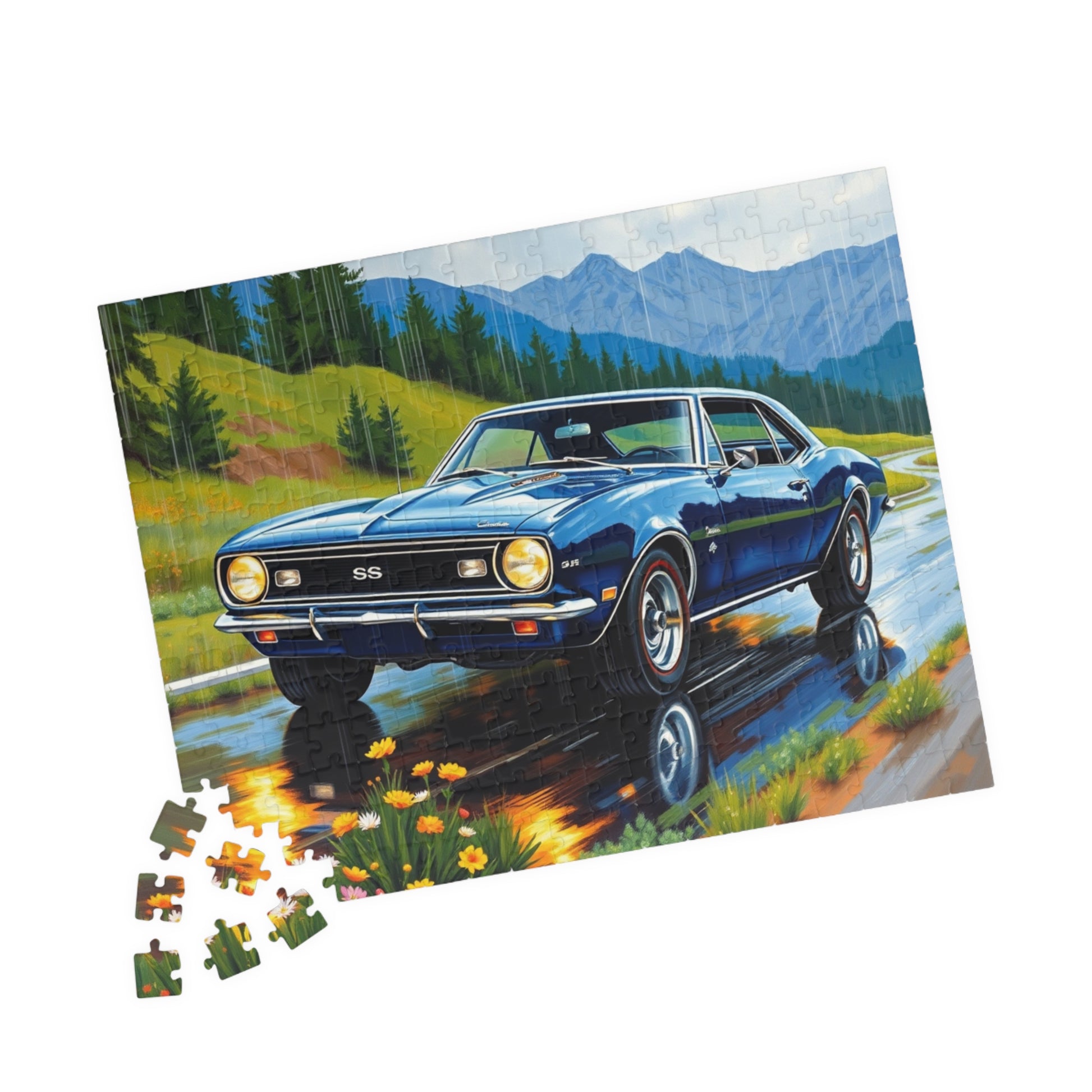 Vintage Muscle Car Jigsaw Puzzle, 1967 Camaro Classic Vehicle on Rainy Road Trip Scenic Art Puzzle The Puzzle Chest