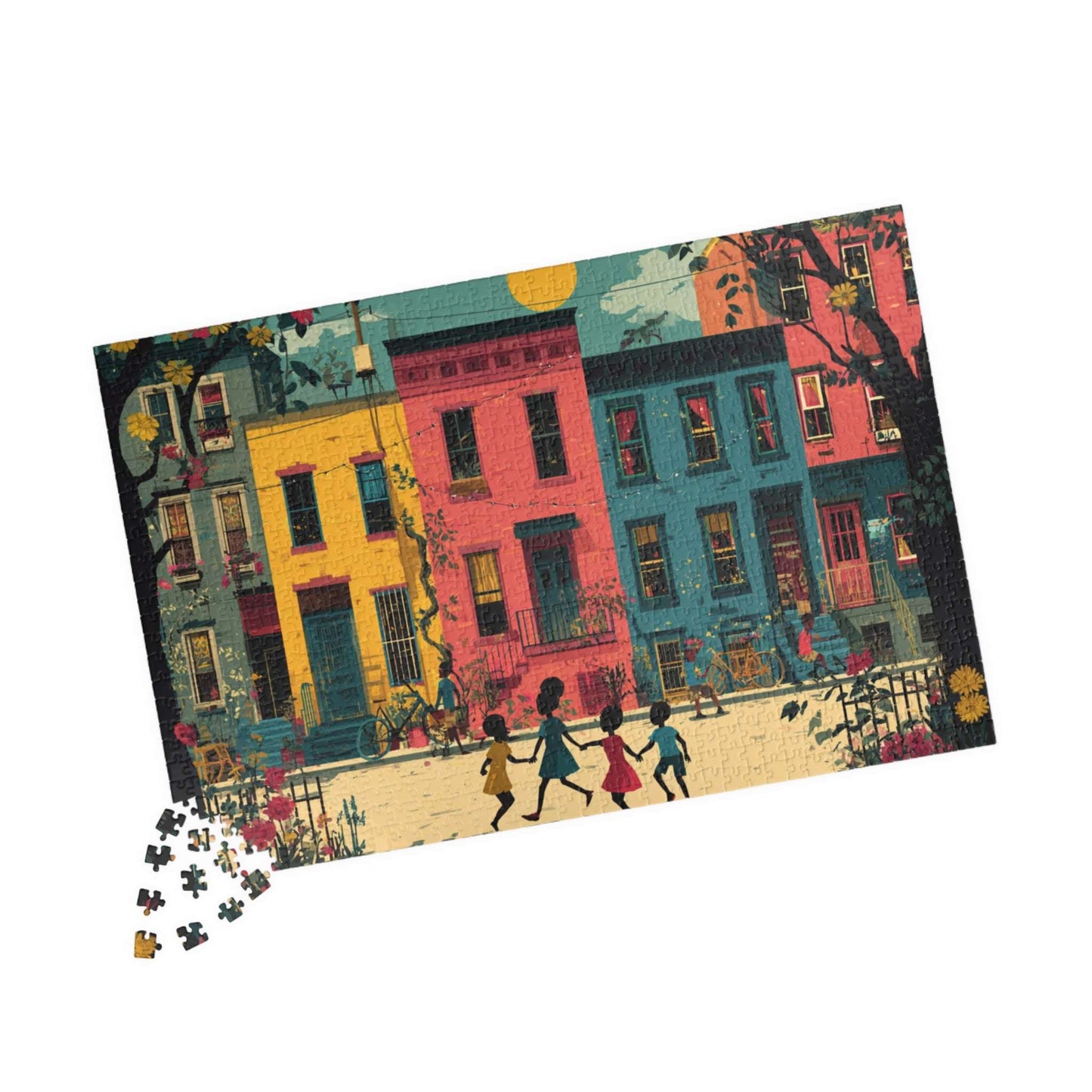 Black Children Playing Jigsaw Puzzle - Afrocentric Neighborhood Scene, Black Art 1014 pcs (Horizontal) Puzzle The Puzzle Chest