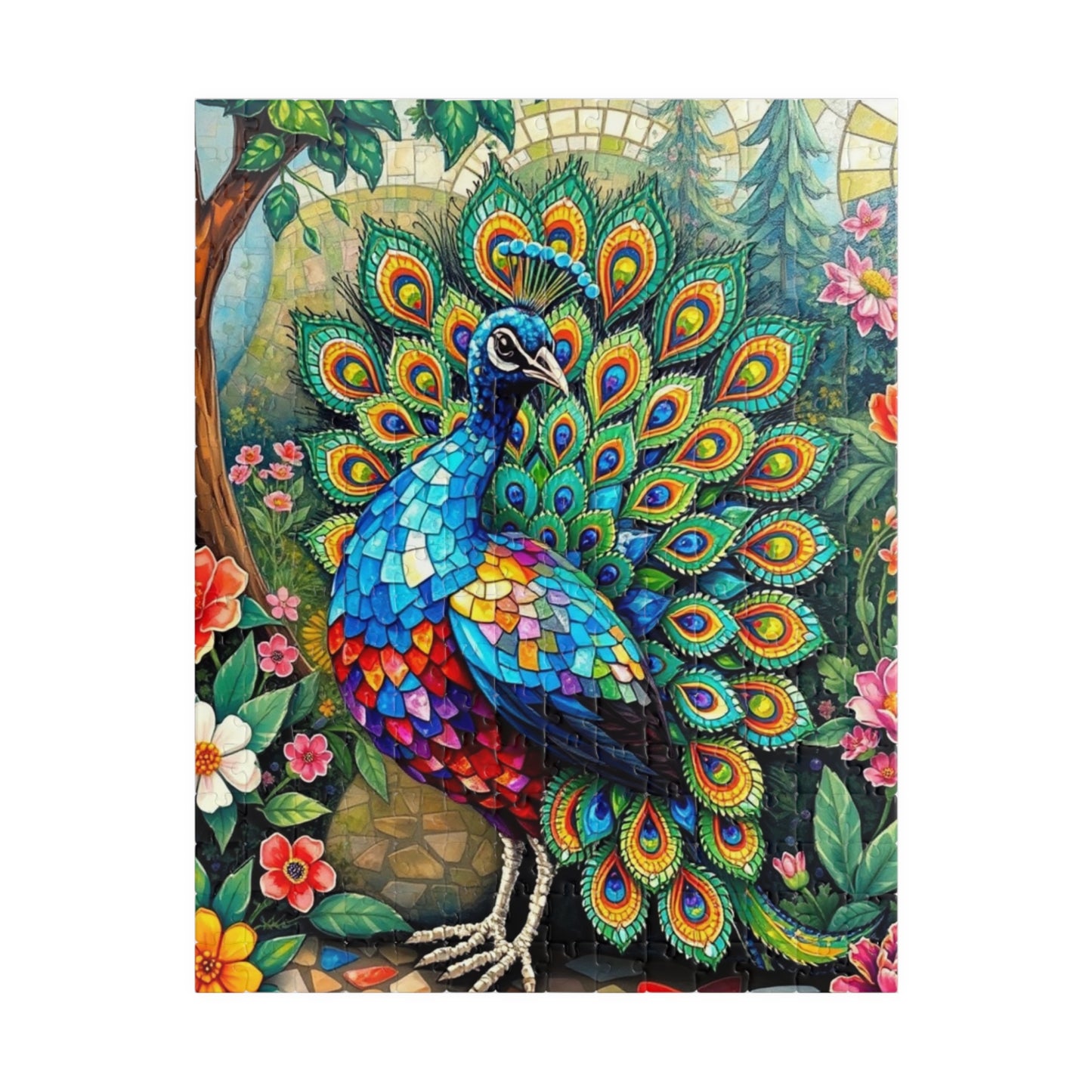 Mosaic Peacock Puzzle, Beautiful Fan-Tailed Bird in a Jewel-Toned Mosaic Art Garden Scene for Adults Teens, Gift for Animal Lover, Mindful 252 pcs (Vertical) Puzzle The Puzzle Chest