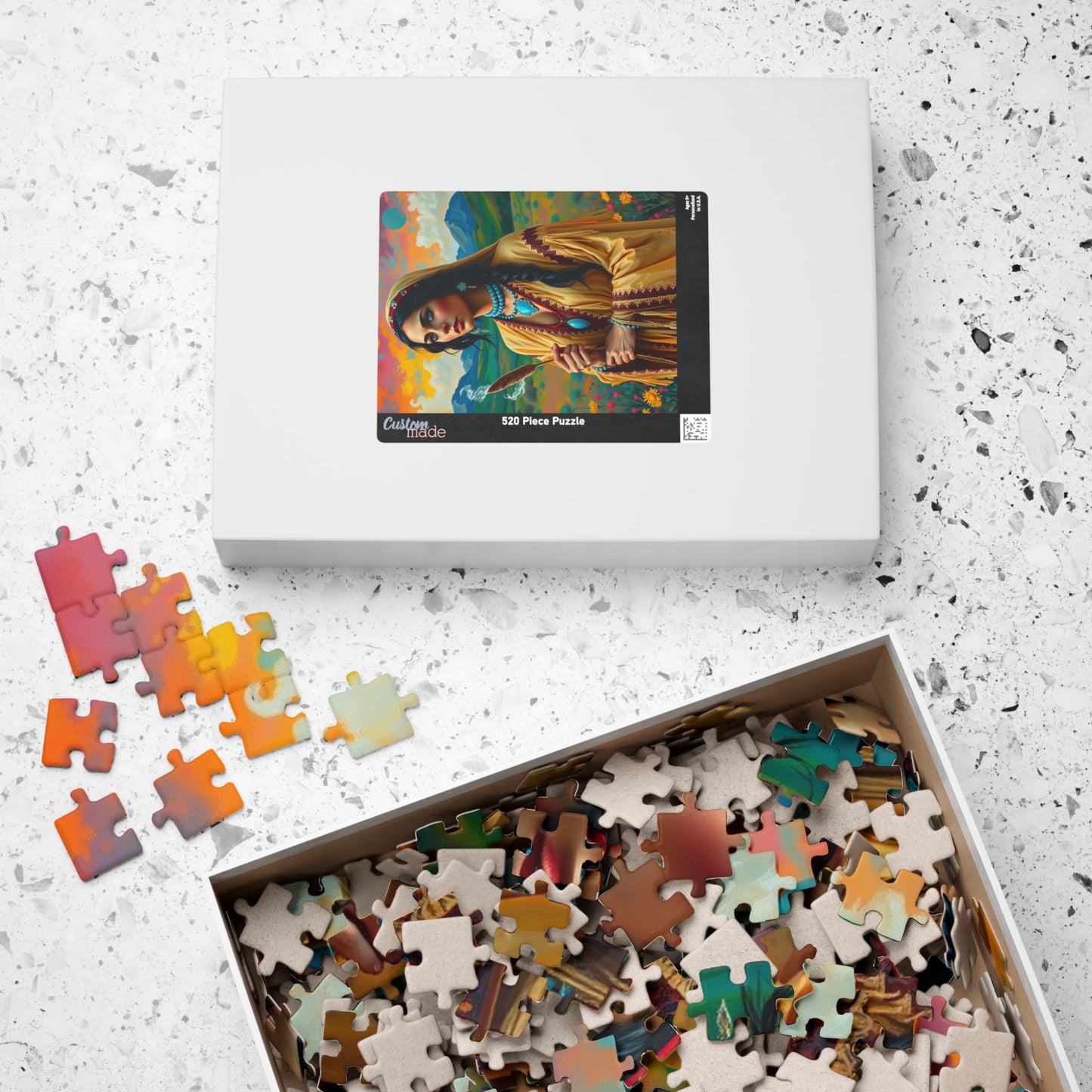 Spiritual Indigenous Bride Puzzle with Turquoise Jewelry and Smudge Stick, Colorful Landscape Wedding Jigsaw Game, Unique Puzzle Lover Gift Puzzle The Puzzle Chest