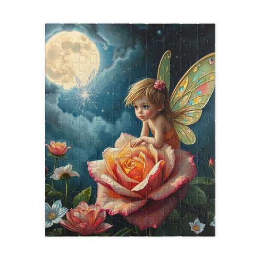 Fairy and Rose Jigsaw Puzzle, Fairy Perched on Dew-Covered Rose in Moonlit Meadow, Brain Teaser, Fun Family Activity, Fantasy Lover Gift 110 pcs (Vertical) Puzzle The Puzzle Chest