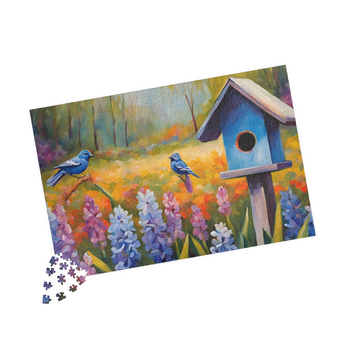 Jigsaw Puzzle, Charming Wooden Birdhouse Surrounded by Blooming Hyacinths and Birds, Mindfulness Activity, Indoor Entertainment, Family Puzzle The Puzzle Chest