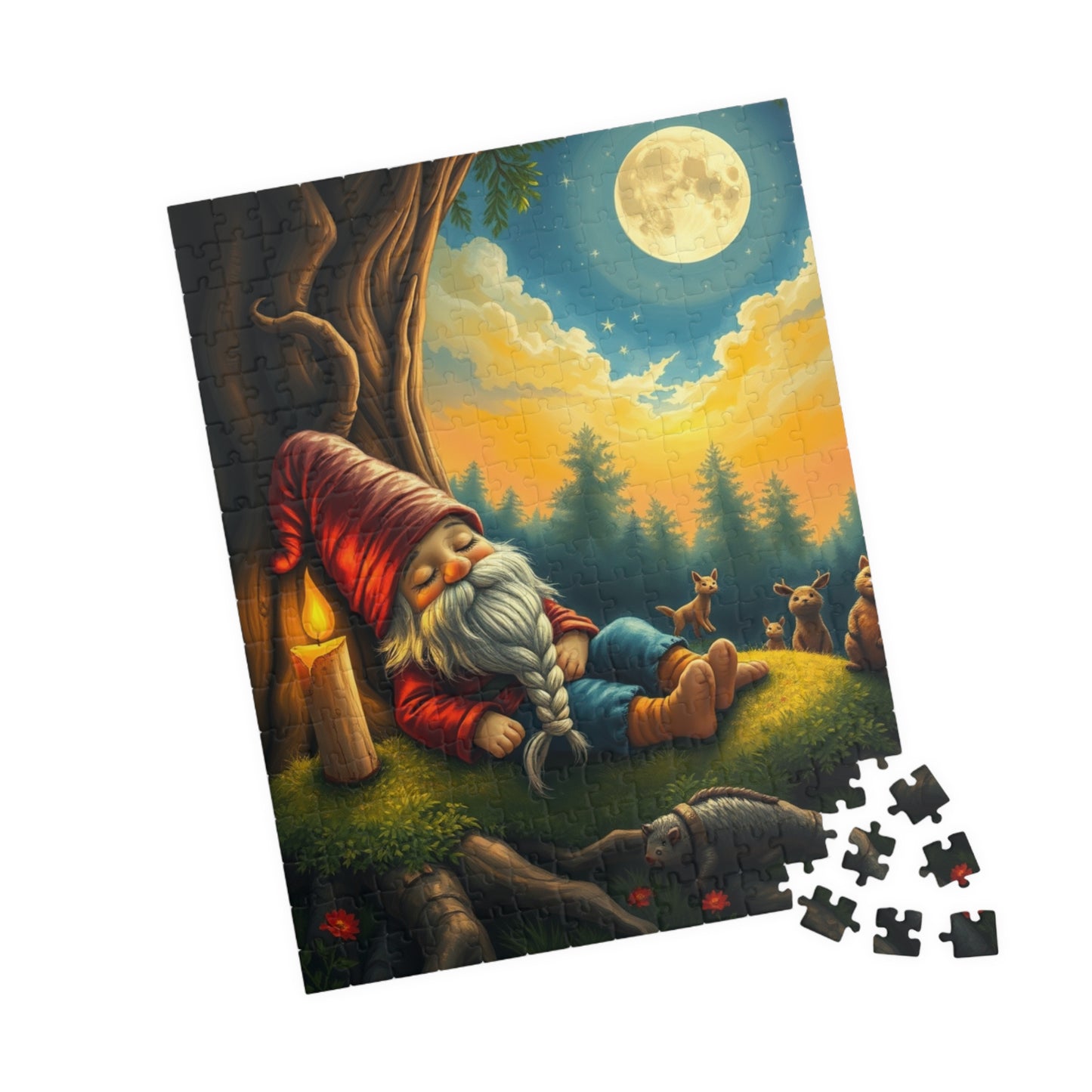 Slumbering Gnome Under the Moonlight Puzzle, Sleepy Gnome Night Scene Animals and Starry Sky, Fantasy Jigsaw Game, Mindful Puzzle Lover Gift Puzzle The Puzzle Chest