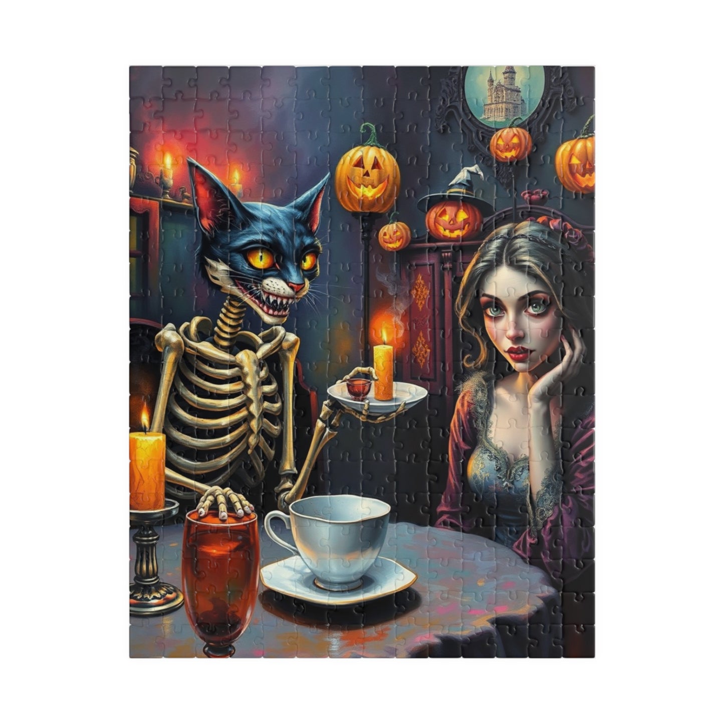 Whimsical Halloween Puzzle - Skeleton Cat Gothic Art, Spooky Gift, Family or Solo Fun, Halloween Decor, Unique Challenges, Holiday Activity 252 pcs (Vertical) Puzzle The Puzzle Chest