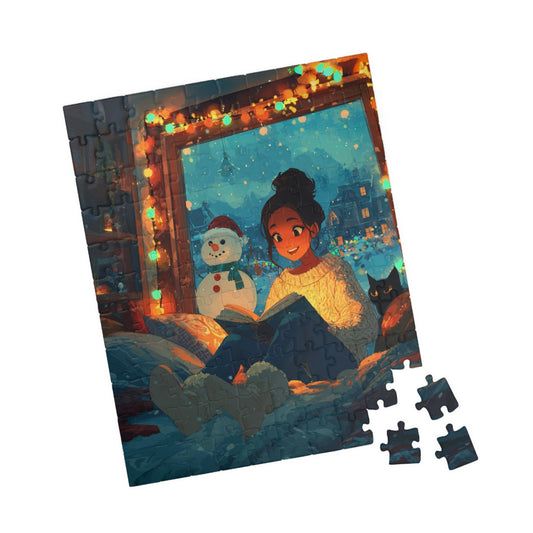 Christmas Window Glow Jigsaw Puzzle – Woman Reading by the Window with Fairy Lights, Snowman and Black Cat 110 pcs (Vertical) Puzzle The Puzzle Chest