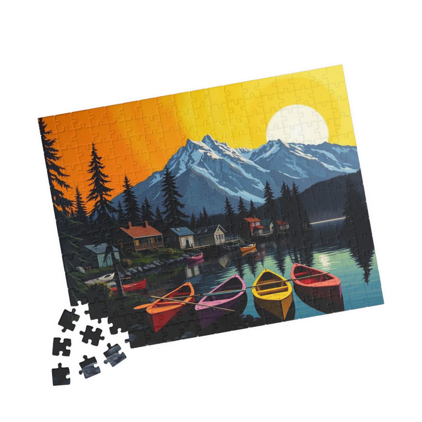 Banff Lakeside Village Puzzle for Adults, Nature Kayaks Trees Cabins and Mountains Jigsaw Game Puzzle The Puzzle Chest