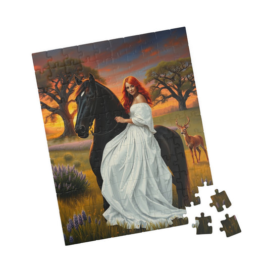 Puzzle, Woman with Vibrant Red Hair and White Flowing Dress Rides a Black Stallion, Jigsaw, Game, Brain Teaser, Activity, Relaxation, Home Puzzle The Puzzle Chest