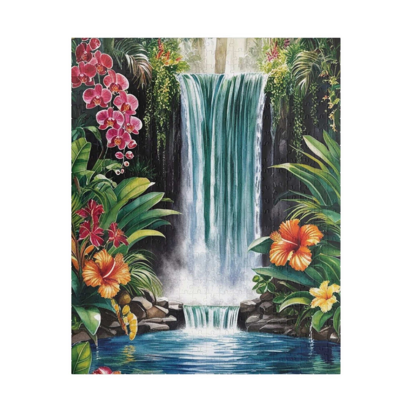Tropical Waterfall Puzzle, Exotic Flowers Jigsaw Game Night Family Activity, Jungle Landscape Scene, Relaxing Brain Teaser for Puzzle Lover 520 pcs (Vertical) Puzzle The Puzzle Chest