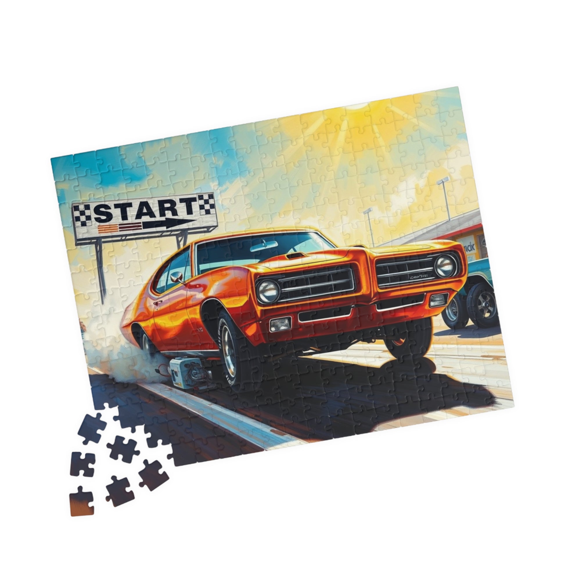 Vintage Muscle Car Puzzle, Classic Metallic Orange 1969 GTO, Drag Race Strip Scene Jigsaw Game for Him Puzzle The Puzzle Chest