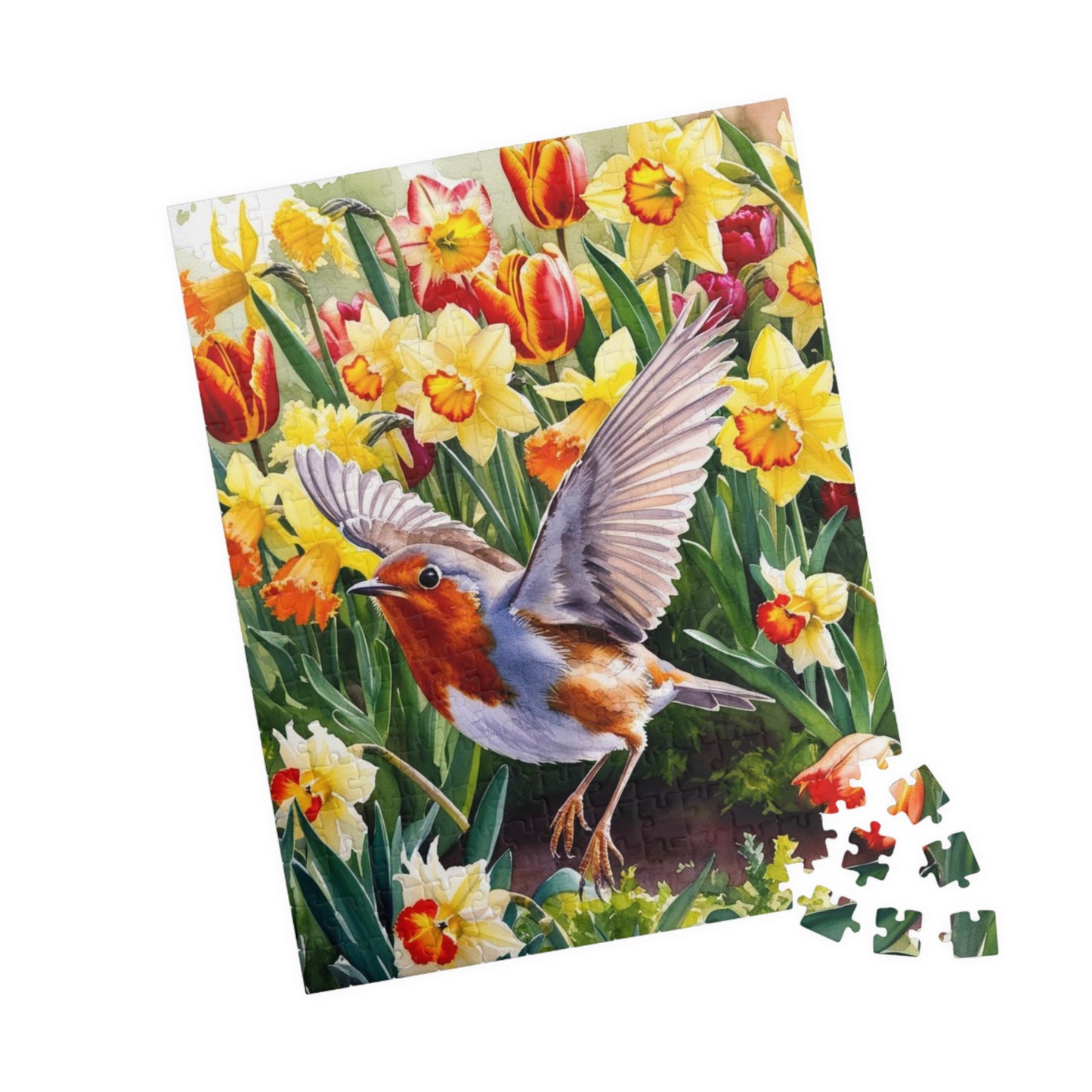 Robin Bird Flying Garden Puzzle, Tulips Daffodils Spring Landscape Jigsaw, 110 252 520 1014 Piece Game, Relaxation Hobby Gift, Nature Puzzle The Puzzle Chest