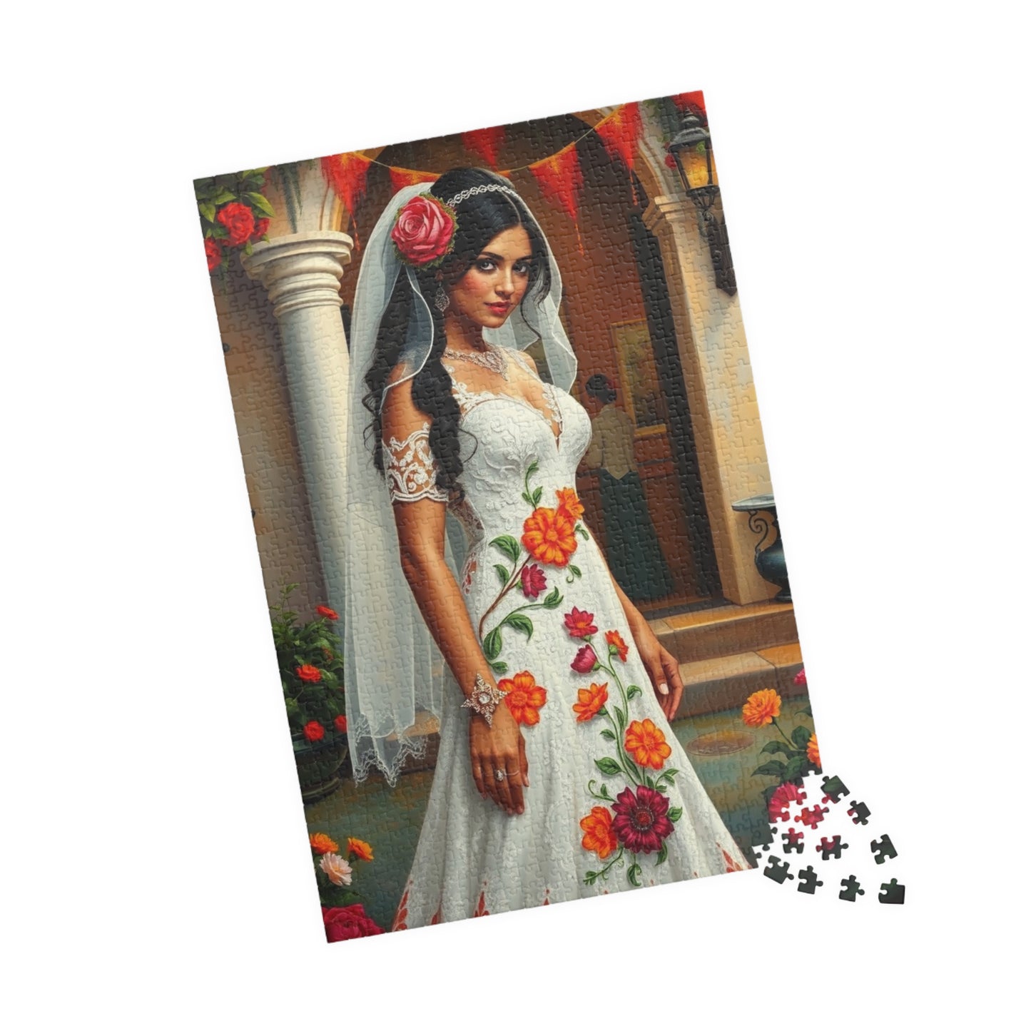 Puzzle - Mexican Bride in Lace Gown, Otomi Flowers Hacienda Candles, 110-1014 Piece Jigsaw, Wedding Dress Design, Cultural Artwork Folklore Puzzle The Puzzle Chest