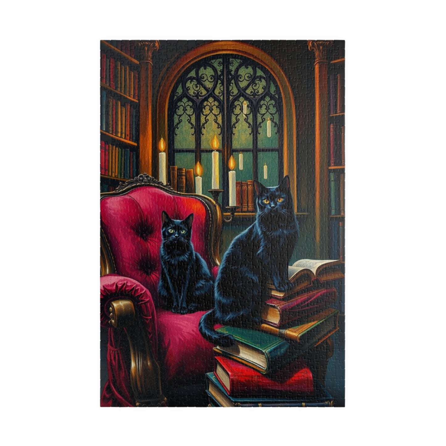 Black Cat Bookshelf Gothic Puzzle, Cozy Kittens in Library Study Room, Family Activity or Solo Fun, Pet Themed Puzzle, Animal Lover Gift 1014 pcs (Vertical) Puzzle The Puzzle Chest