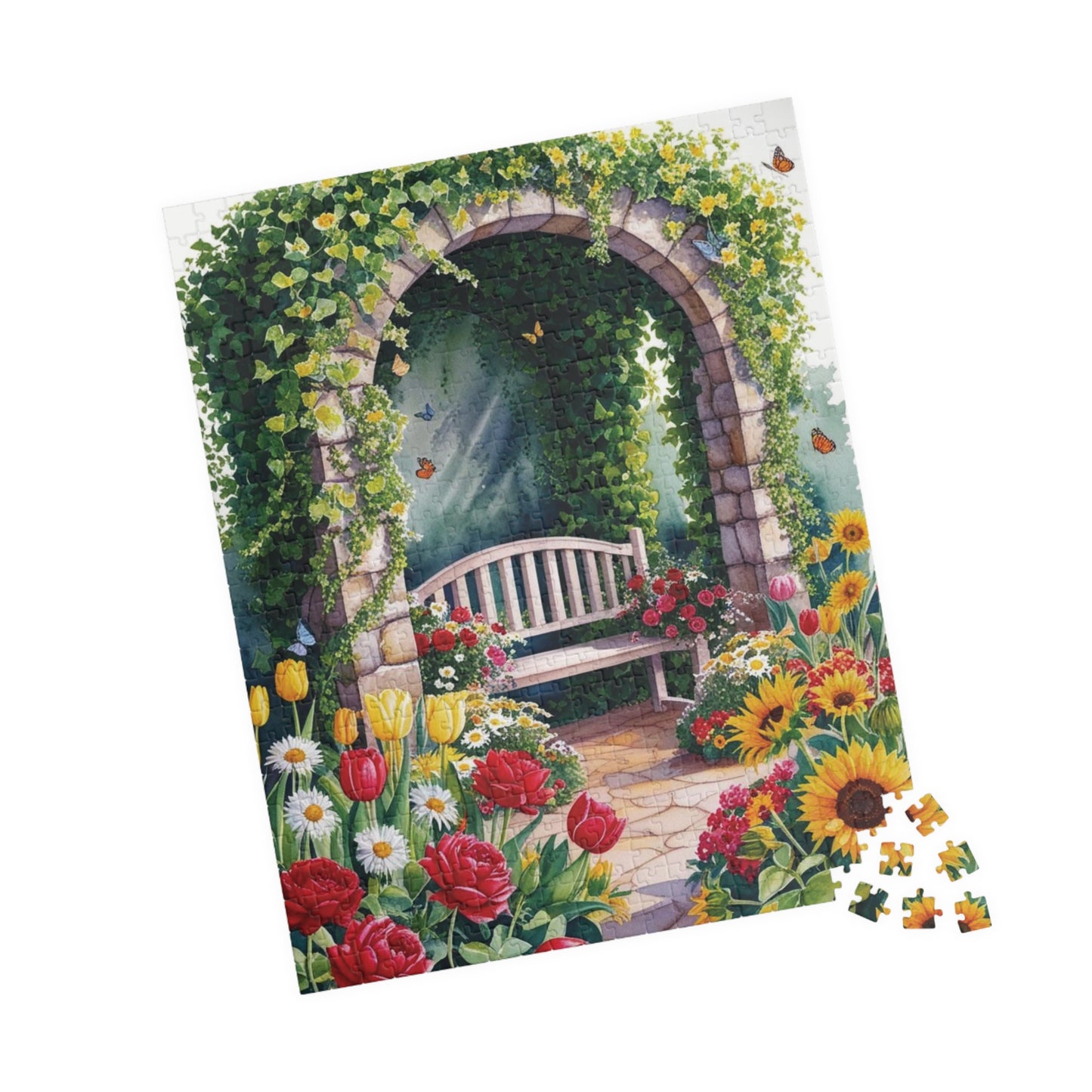 Jigsaw Puzzle, Flower Garden Mosaic Puzzle, Roses Tulips Daisies Sunflowers, Wooden Bench Ivy Butterflies, 110 252 520 1014 pieces, Gift for Puzzle The Puzzle Chest