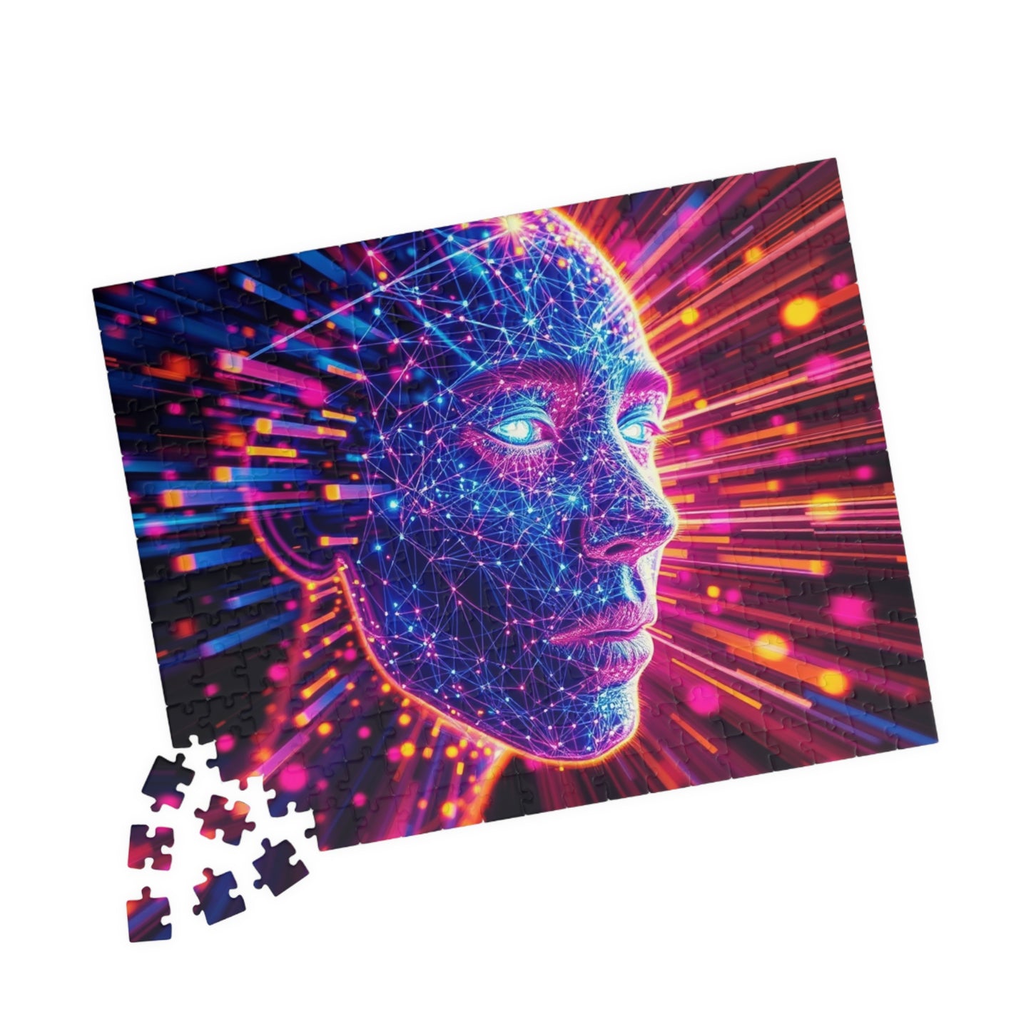 Abstract Human Face Jigsaw Puzzle, Colorful Glowing Electric Lines and Dots Design, Unique Gift for Bold Modern Art Lover Collector Hobbyist Puzzle The Puzzle Chest