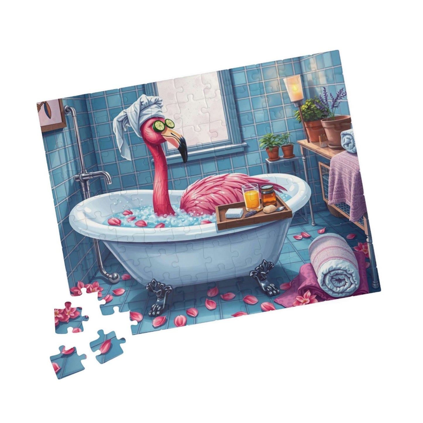 Flamingo Spa Retreat - Cozy Bathroom Puzzle for Adults, Fun Bath Time Art Jigsaw, Unique Gift for Friends, Family Game Night, Brain Teaser