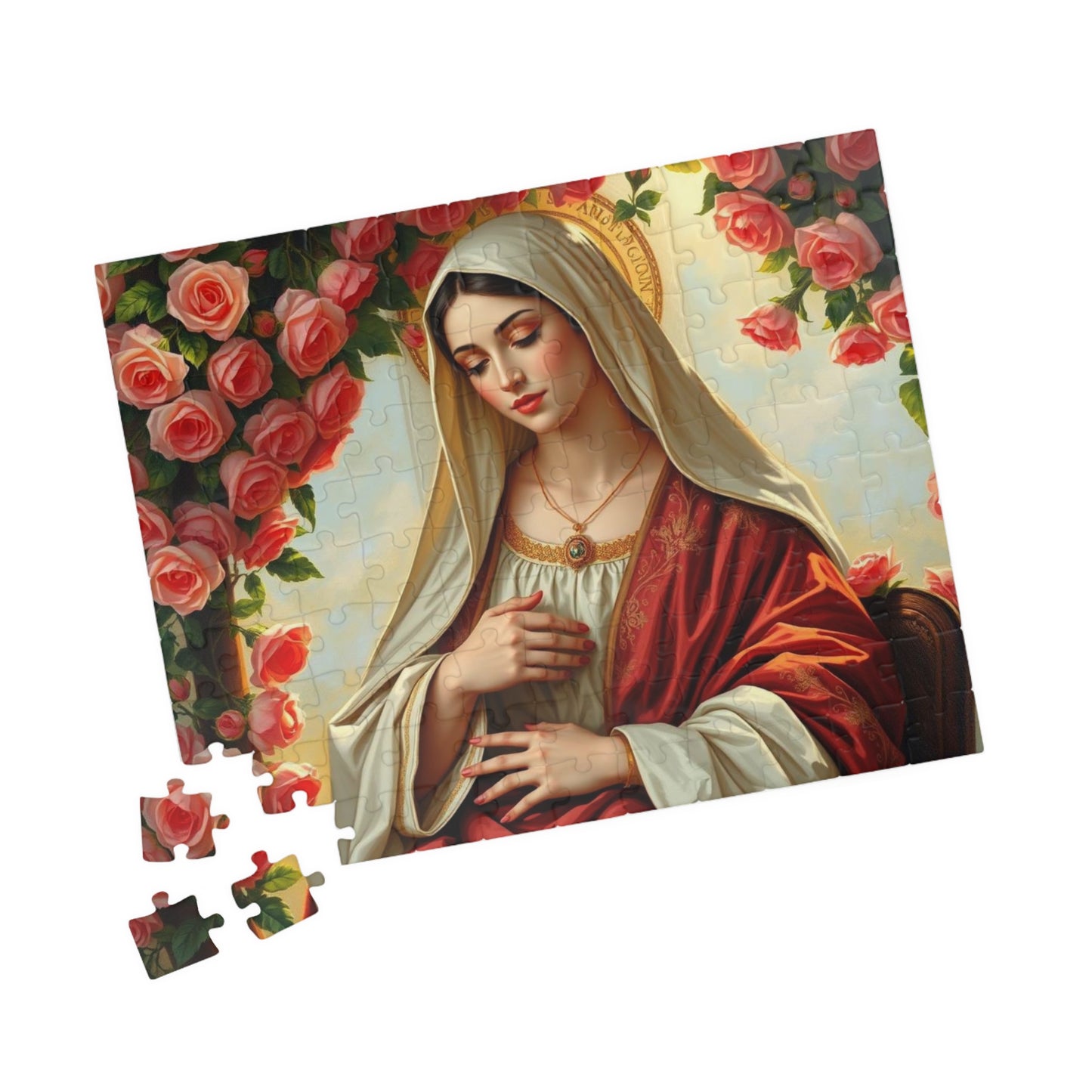 Serene Madonna Jigsaw Puzzle - Rose Design, Religious Art Puzzle, Faith-Based Puzzle, Ideal for Solo Fun, Game Night, Puzzle Lover Gift Puzzle The Puzzle Chest