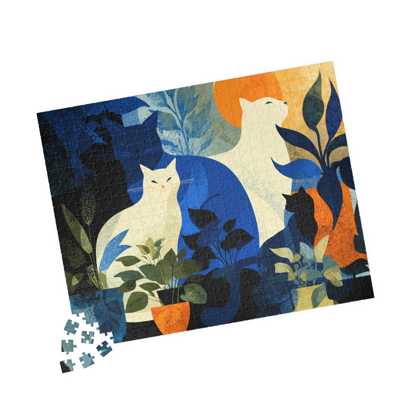 Cats and Plants Collage Jigsaw Puzzle, Animal Theme Abstract Cat Art Puzzle Inspired by Matisse 520 pcs (Horizontal) Puzzle The Puzzle Chest