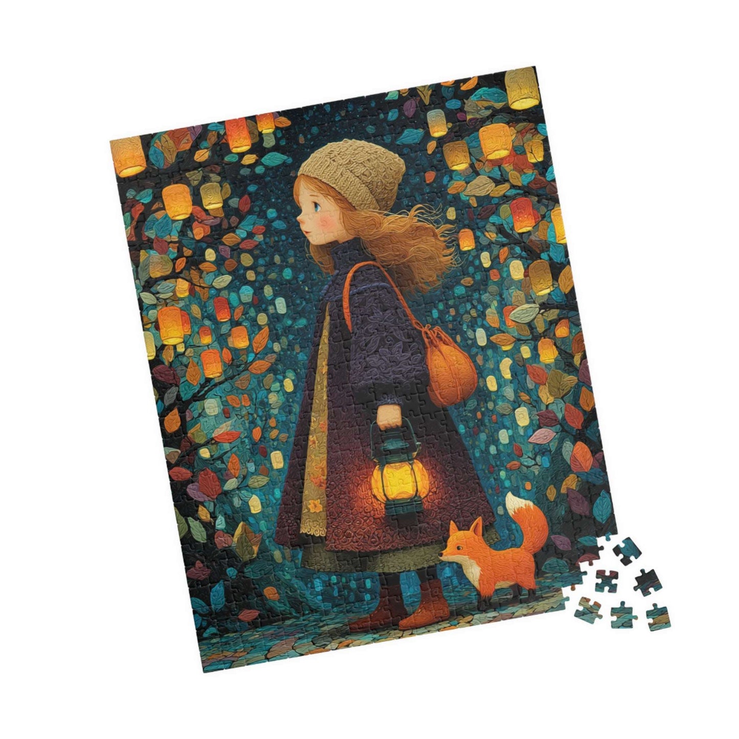 Lantern Path Jigsaw Puzzle – Whimsical Fall Puzzle for Adults, Girl with Fox and Pumpkin Lanterns 520 pcs (Vertical) Puzzle The Puzzle Chest