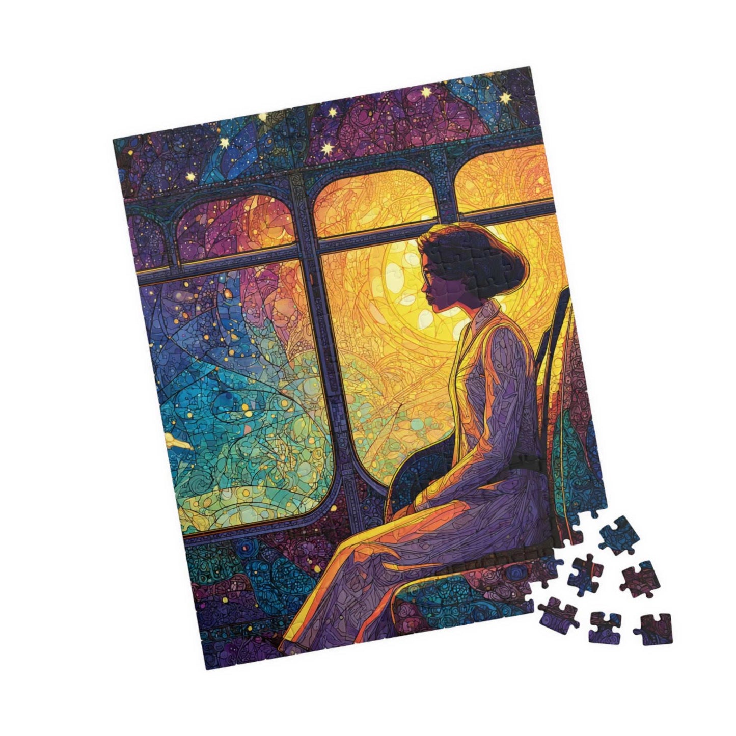 Afrocentric Rosa Parks Puzzle – Black History Figure Jigsaw, Stained Glass Illustration, Civil Rights Hero Artwork, Golden Glow Bus Scene, Abstract Star Patterns 252 pcs (Vertical) Puzzle The Puzzle Chest