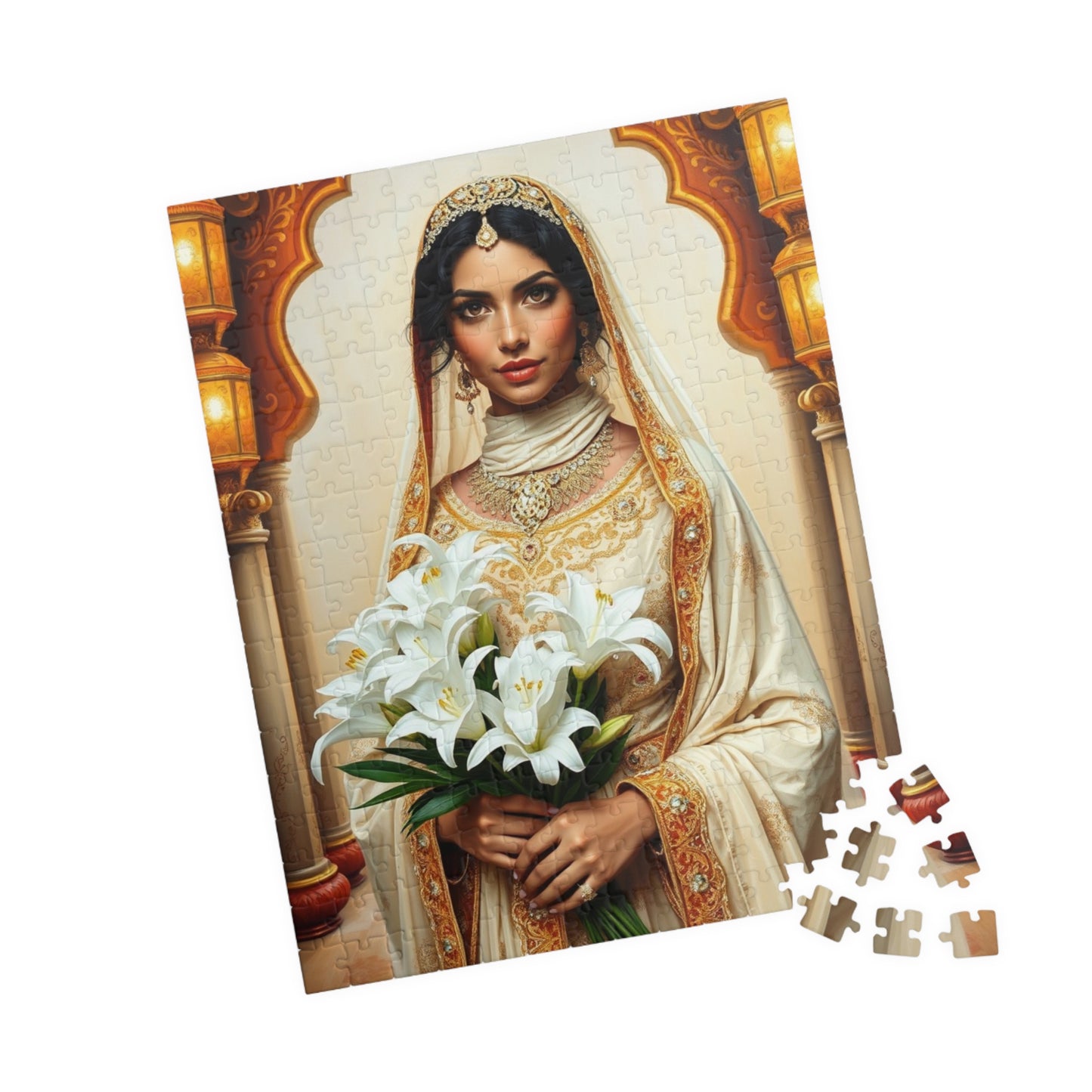 Middle Eastern Bride Puzzle with Gold Ivory Kaftan and Lanterns, Family Friendly Wedding Jigsaw Game, Mindful Activity, Puzzle Lover Gift Puzzle The Puzzle Chest