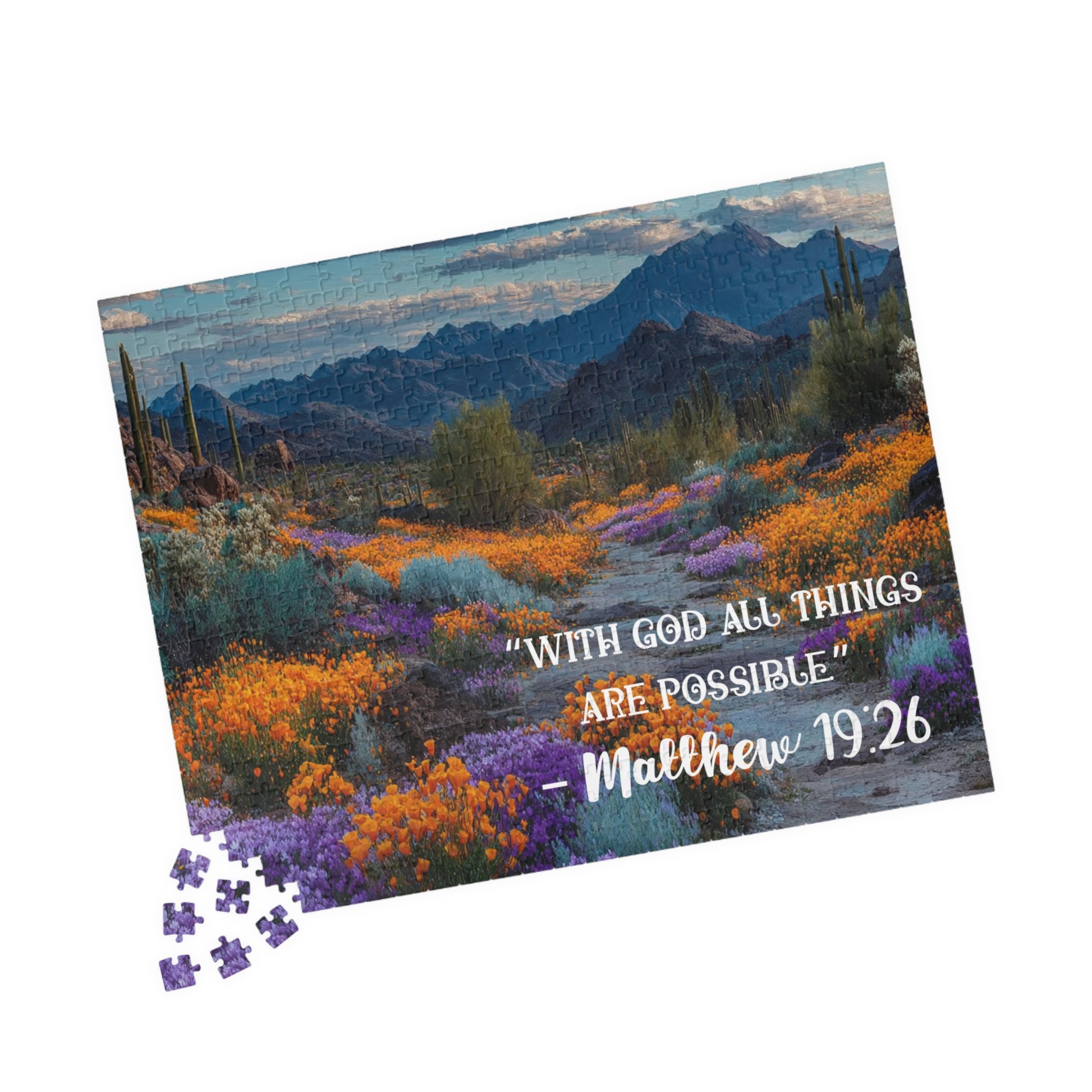 Blooming Desert Jigsaw Puzzle, Inspirational Puzzle Featuring Matthew 19:26 520 pcs (Horizontal) Puzzle The Puzzle Chest