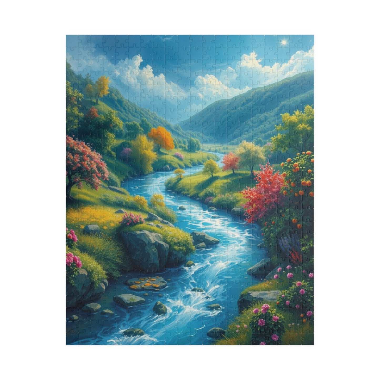 Mystical River Valley Jigsaw Puzzle, Fantasy Landscape with Vibrant Trees and Flowers, Ethereal Scene of Nature's Beauty and Tranquility 520 pcs (Vertical) Puzzle The Puzzle Chest