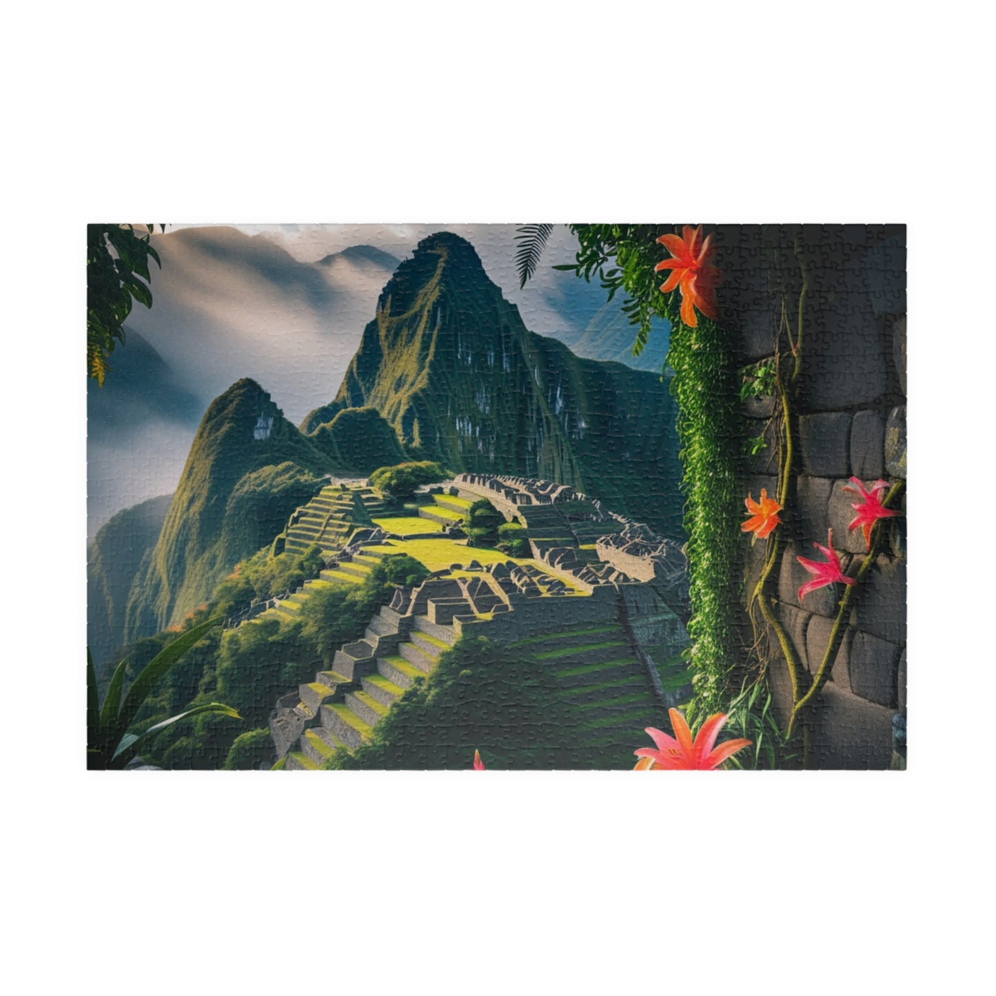 Machu Picchu Historic Landmark Puzzle, Jungle Vines Tropical Flowers, South American Travel Jigsaw Game, Nature Inspired Puzzle Lover Gift 1014 pcs (Horizontal) Puzzle The Puzzle Chest