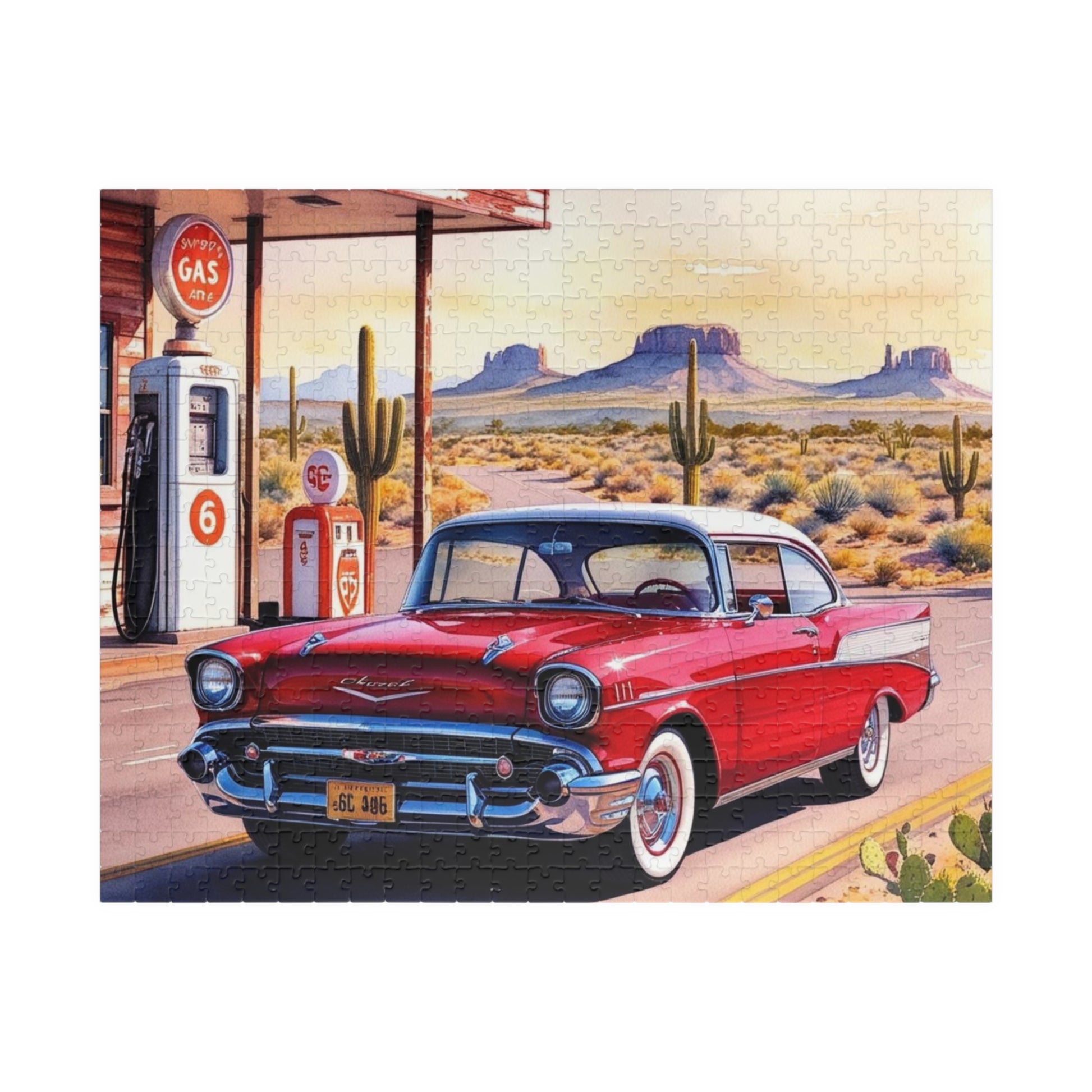 Vintage Vehicle Puzzle, 1957 Bel Air on Route 66 Retro Gas Station Desert Landscape Scenery 520 pcs (Horizontal) Puzzle The Puzzle Chest