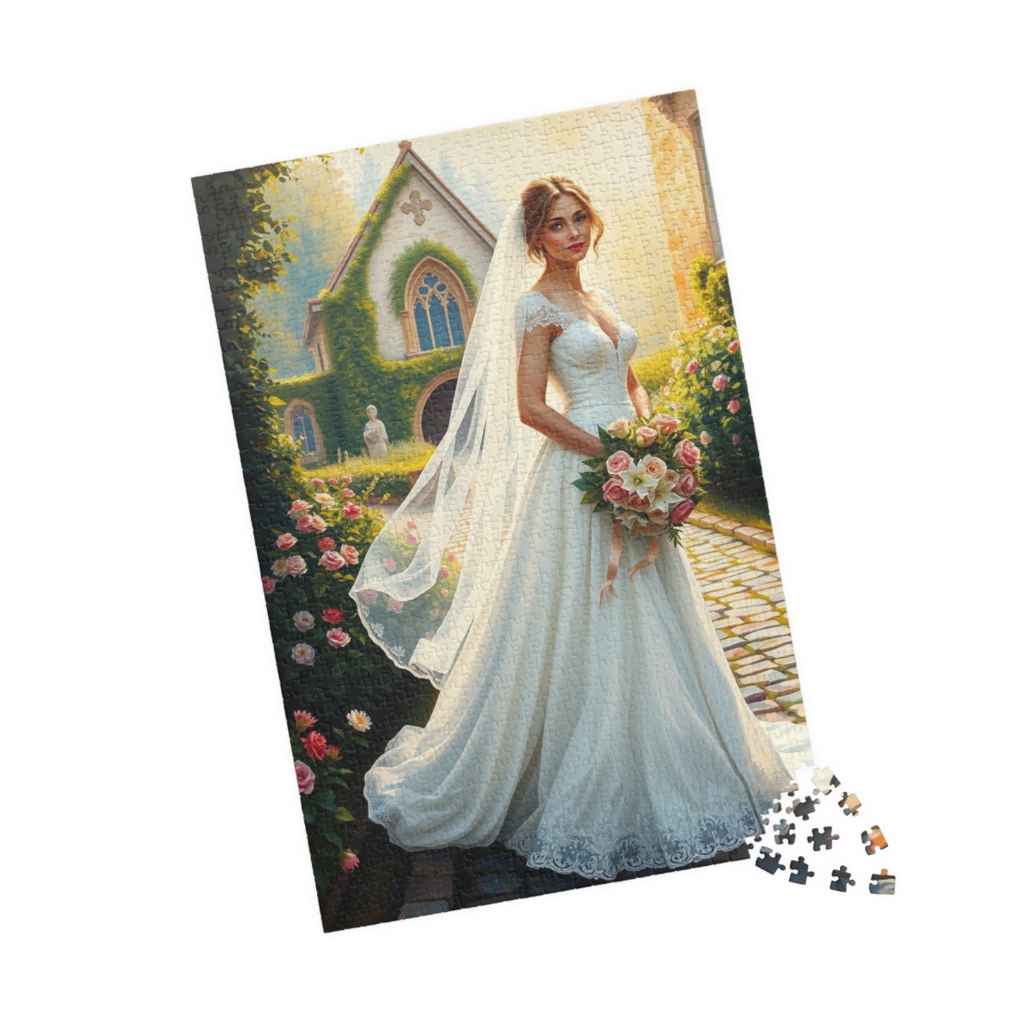 Elegant Italian Bride Jigsaw Puzzle, White Gown Rose and Lily Bouquet, Tuscan Chapel Romantic Wedding, Unique Puzzle Enthusiast Gift Hobby Puzzle The Puzzle Chest