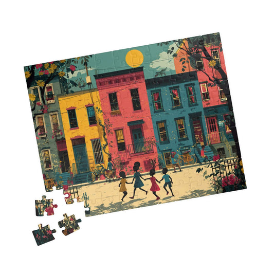 Black Children Playing Jigsaw Puzzle - Afrocentric Neighborhood Scene, Black Art 110 pcs (Horizontal) Puzzle The Puzzle Chest