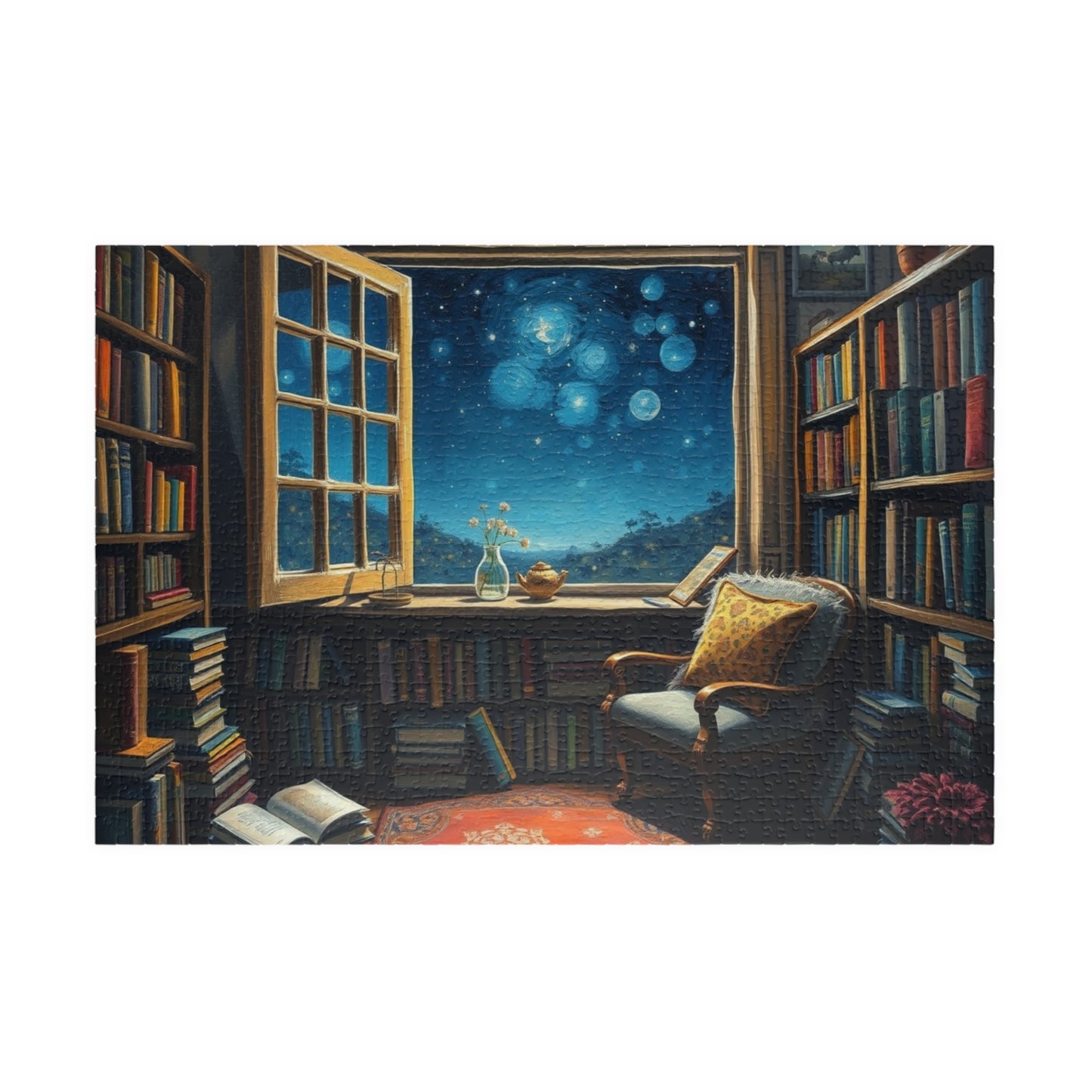 Cozy Library Jigsaw Puzzle - Starry Night Sky, Book Lover Gift, Educational Game, Mindfulness Activity, Literary Scene, Ideal for Family Fun 1014 pcs (Horizontal) Puzzle The Puzzle Chest