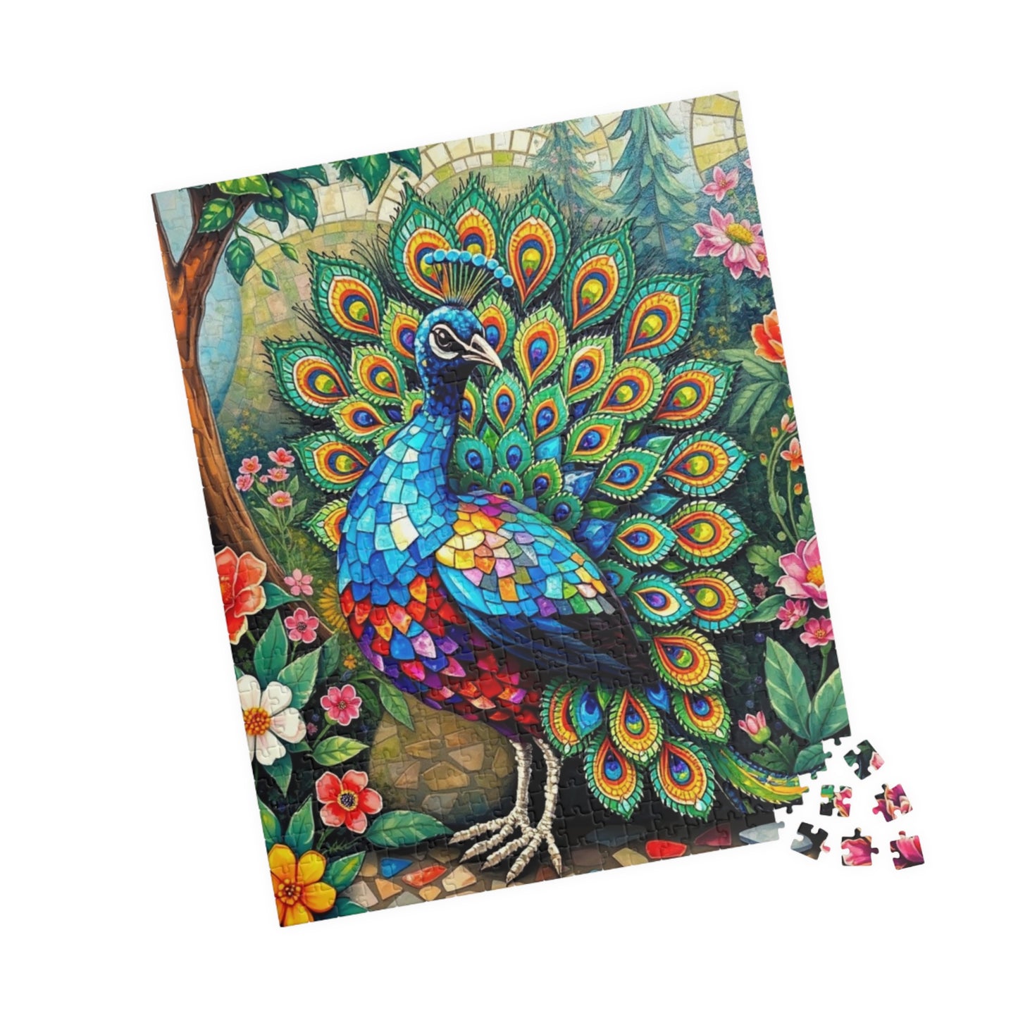 Mosaic Peacock Puzzle, Beautiful Fan-Tailed Bird in a Jewel-Toned Mosaic Art Garden Scene for Adults Teens, Gift for Animal Lover, Mindful Puzzle The Puzzle Chest