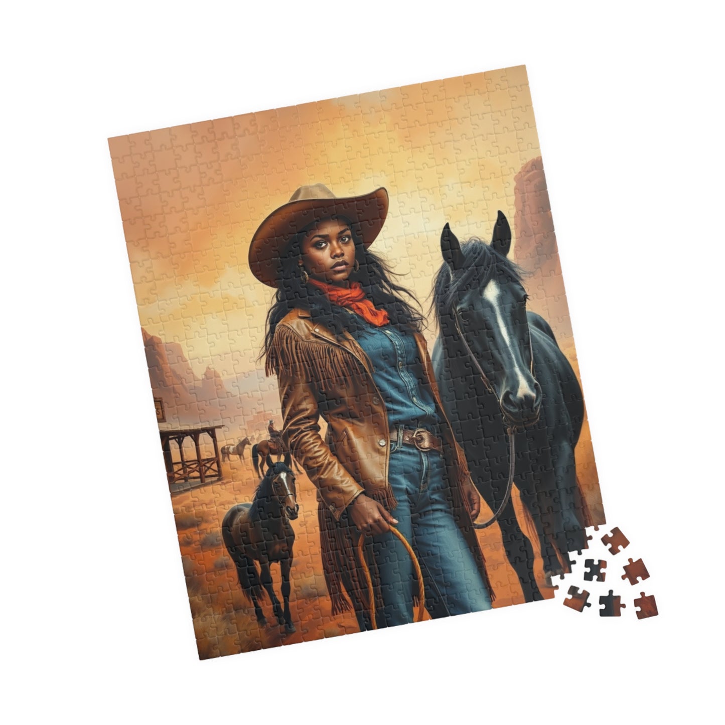 Black Cowgirl Puzzle (110-1014 Piece), Western Landscape with Horse and Saloon Jigsaw Game, Wild West Frontier Desert Scene with Mustangs Puzzle The Puzzle Chest