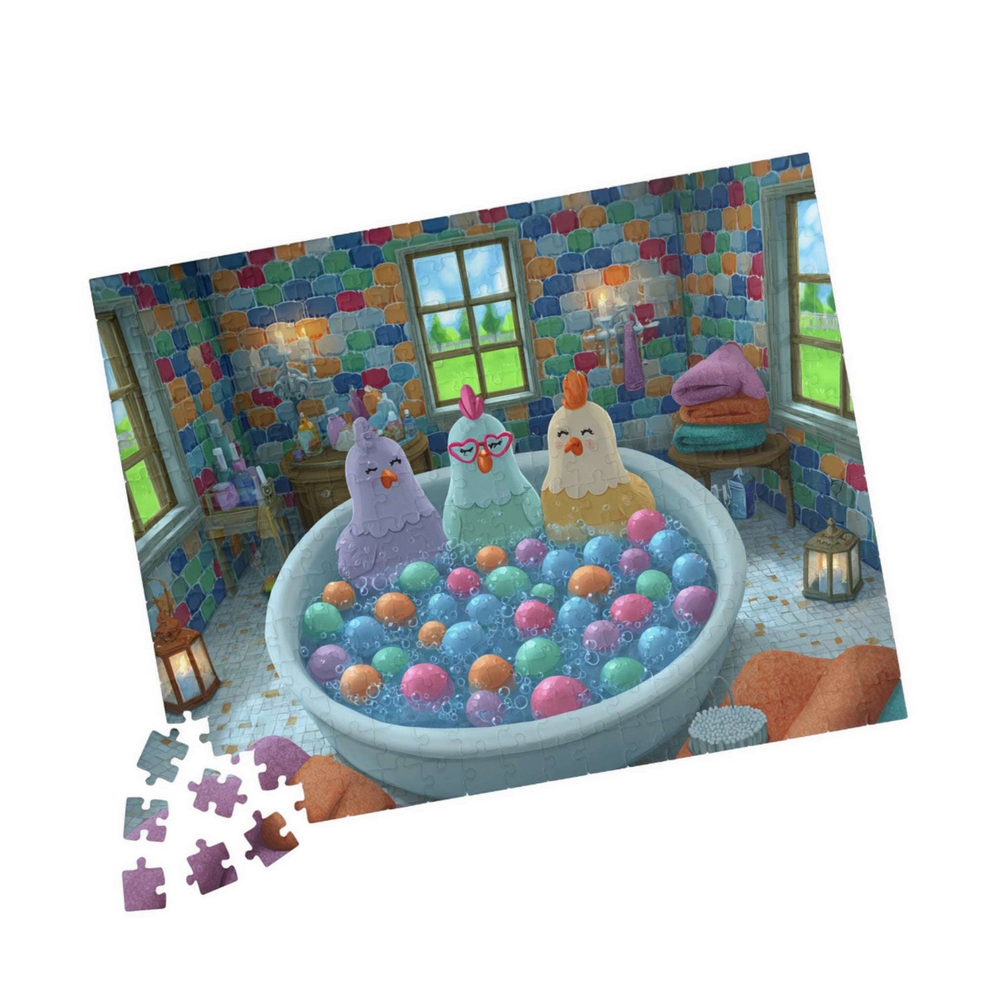 Pastel Chicken Bathhouse Jigsaw Puzzle – Adorable Fairy Tale Chickens Soaking in Rainbow Bubble Tub 252 pcs (Horizontal) Puzzle The Puzzle Chest
