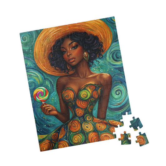 Afrocentric Woman in Swirl Dress Puzzle | Black Woman Jigsaw Game