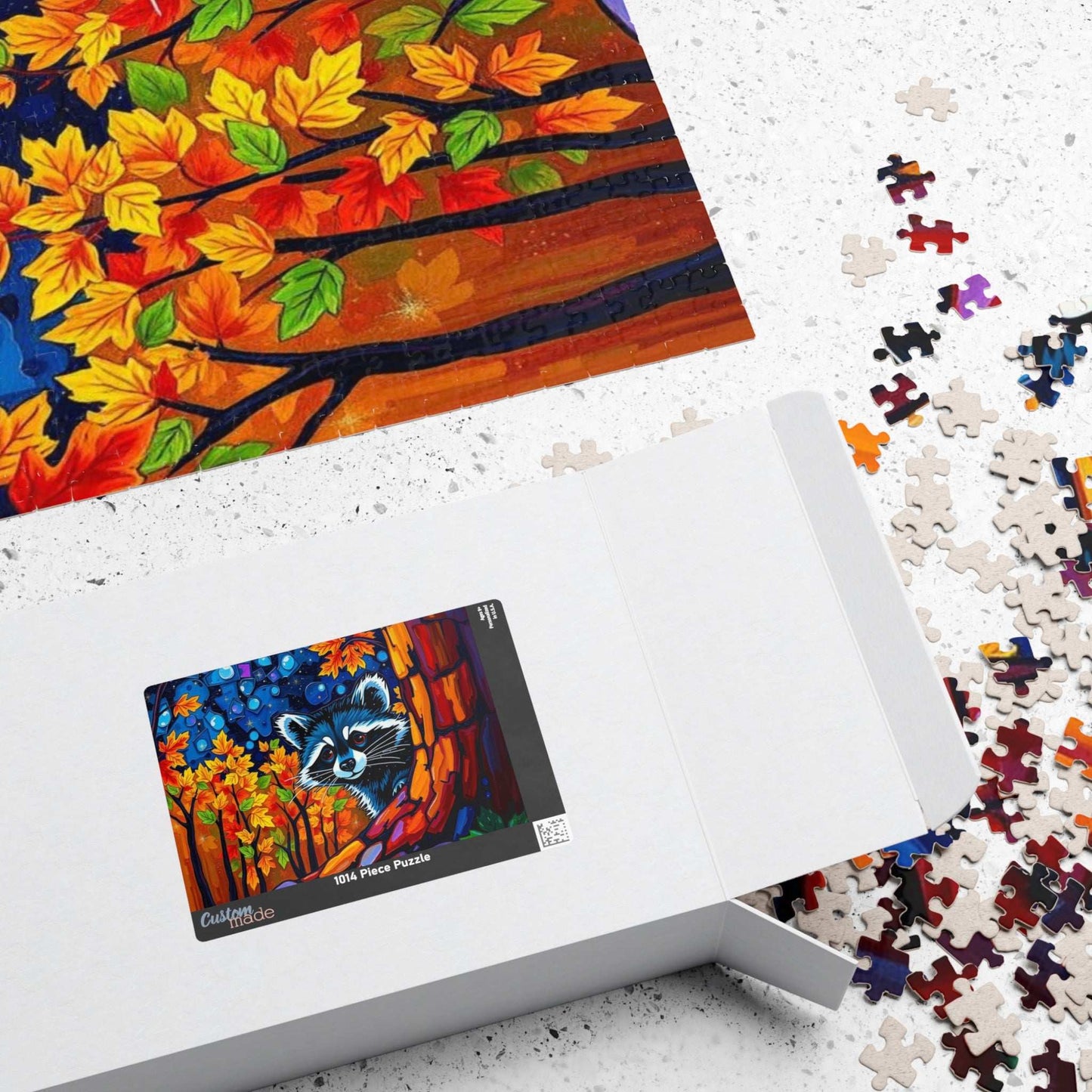 Autumn Nightscape Raccoon Puzzle, Colorful Nature Jigsaw for Solo or Family Fun, Birthday Gift for Animal Lover, Cozy Night In Entertainment