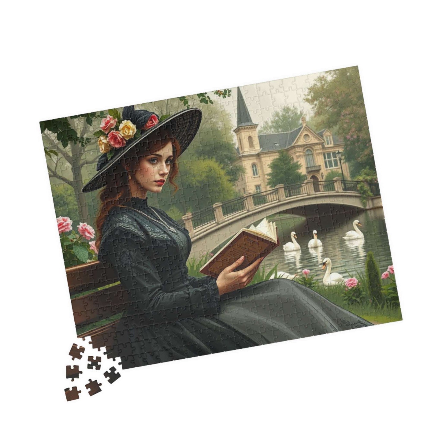 Tranquil Victorian Moment Jigsaw Puzzle - Woman Reading by a Swan-Filled Pond, Elegant 19th Century Scene 520 pcs (Horizontal) Puzzle The Puzzle Chest