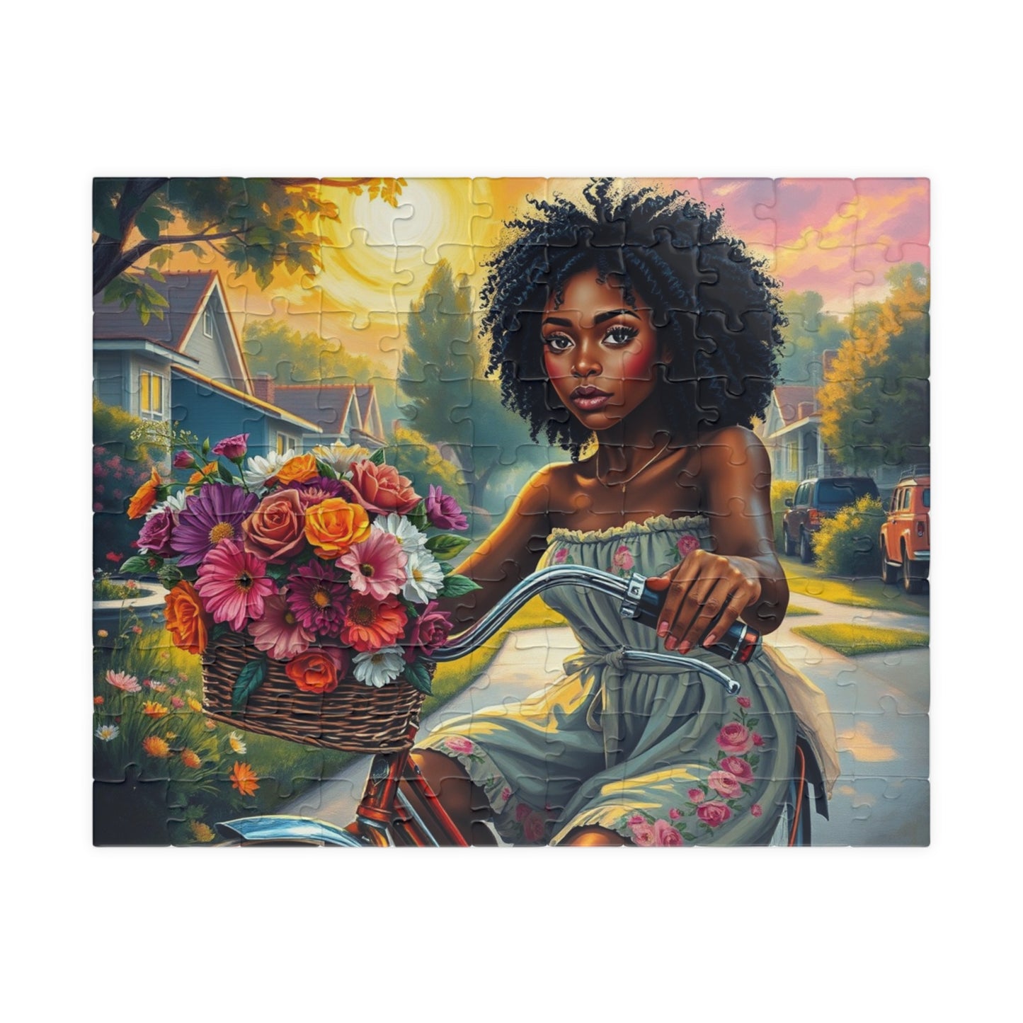 African American Jigsaw Puzzle, Black Woman Bicycle Scene Jigsaw Game, Black Art for Family Fun, Gift for Her, Perfect for Puzzle Enthusiast 110 pcs (Horizontal) Puzzle The Puzzle Chest