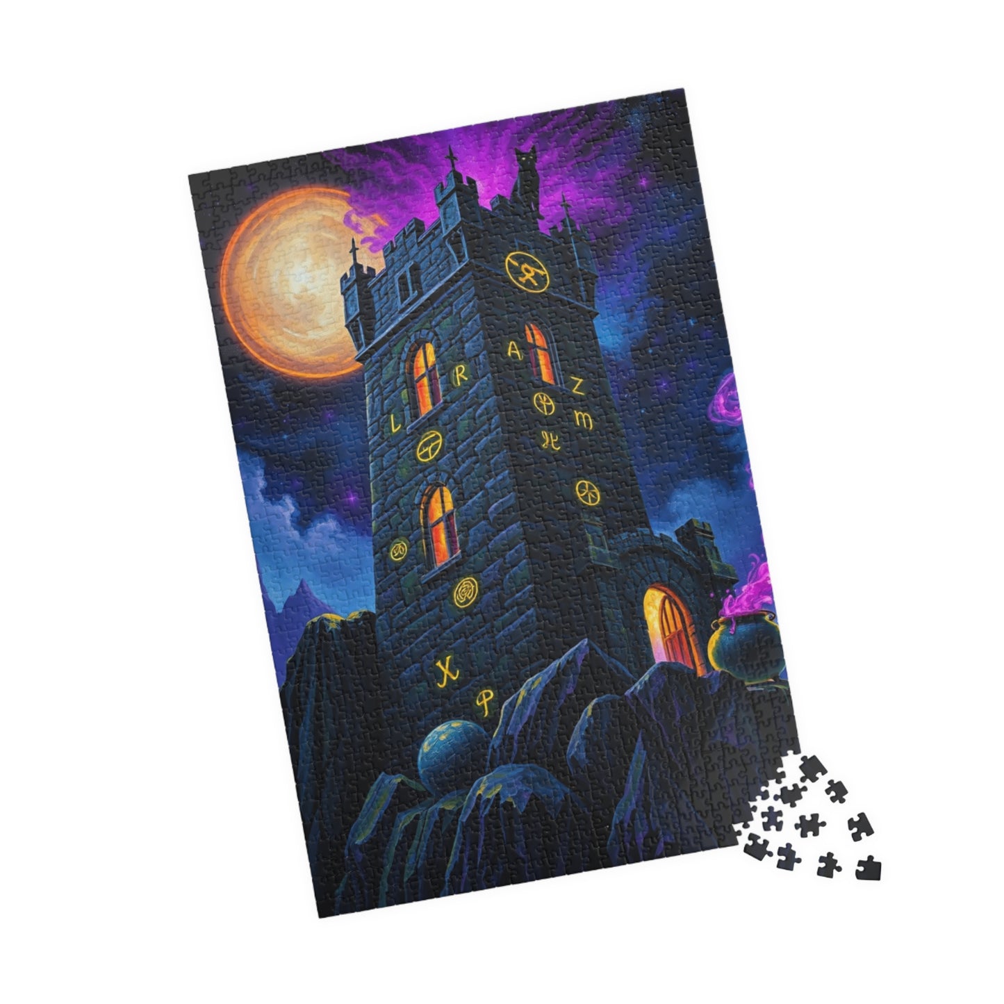 Ethereal Gothic Tower Puzzle, Electric Runes Black Cat Mystical Cauldron and Purple Mist, Magical Symbol Jigsaw Game, Fantasy Art Lover Gift Puzzle The Puzzle Chest