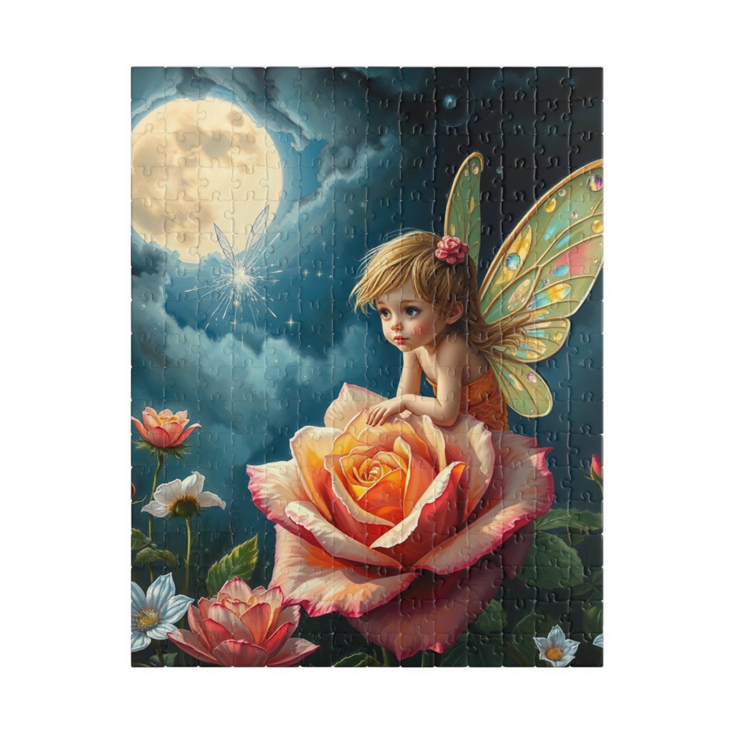 Fairy and Rose Jigsaw Puzzle, Fairy Perched on Dew-Covered Rose in Moonlit Meadow, Brain Teaser, Fun Family Activity, Fantasy Lover Gift 252 pcs (Vertical) Puzzle The Puzzle Chest