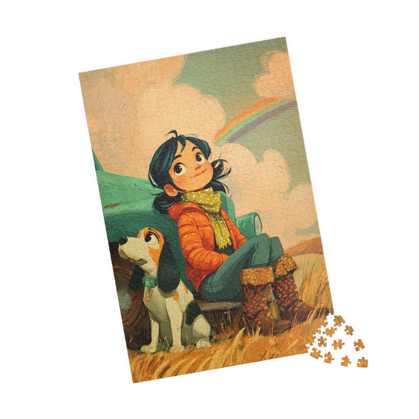 Cheerful Country Girl Jigsaw Puzzle – Whimsical Cartoon Truck, Dog and Rainbow Countryside Scene 1014 pcs (Vertical) Puzzle The Puzzle Chest
